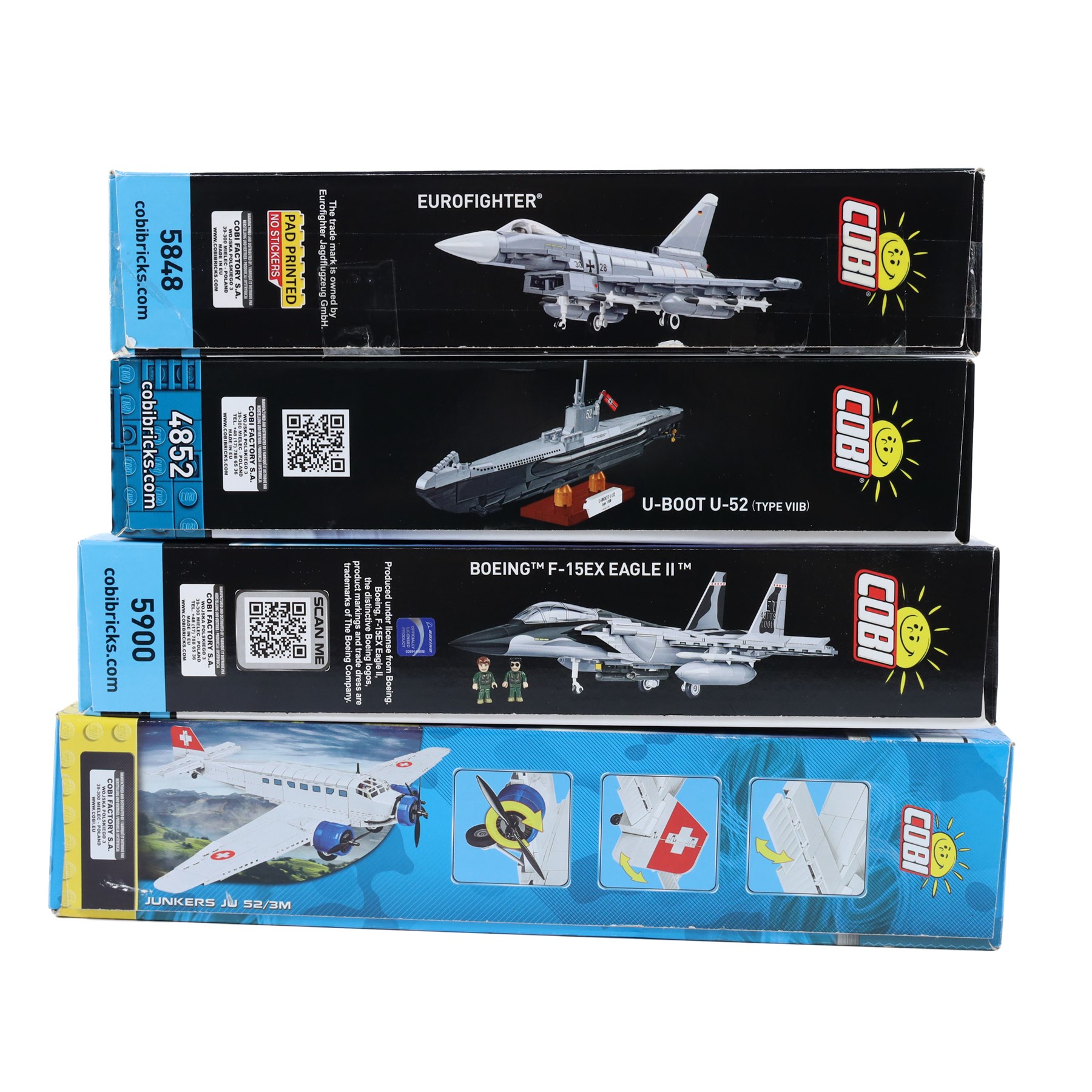Four Cobi Bricks Armed Forces and Historical Collection model sets, comprising 1:144 scale no. 4852 U-Boot U-52 (Type VIIB), 1:48 scale no. 5900 Boeing F-15EX Eagle II, 1:48 scale no. 5848 Eurofighter and no. 5711 Junkers JU 52/3M, all in sealed boxes