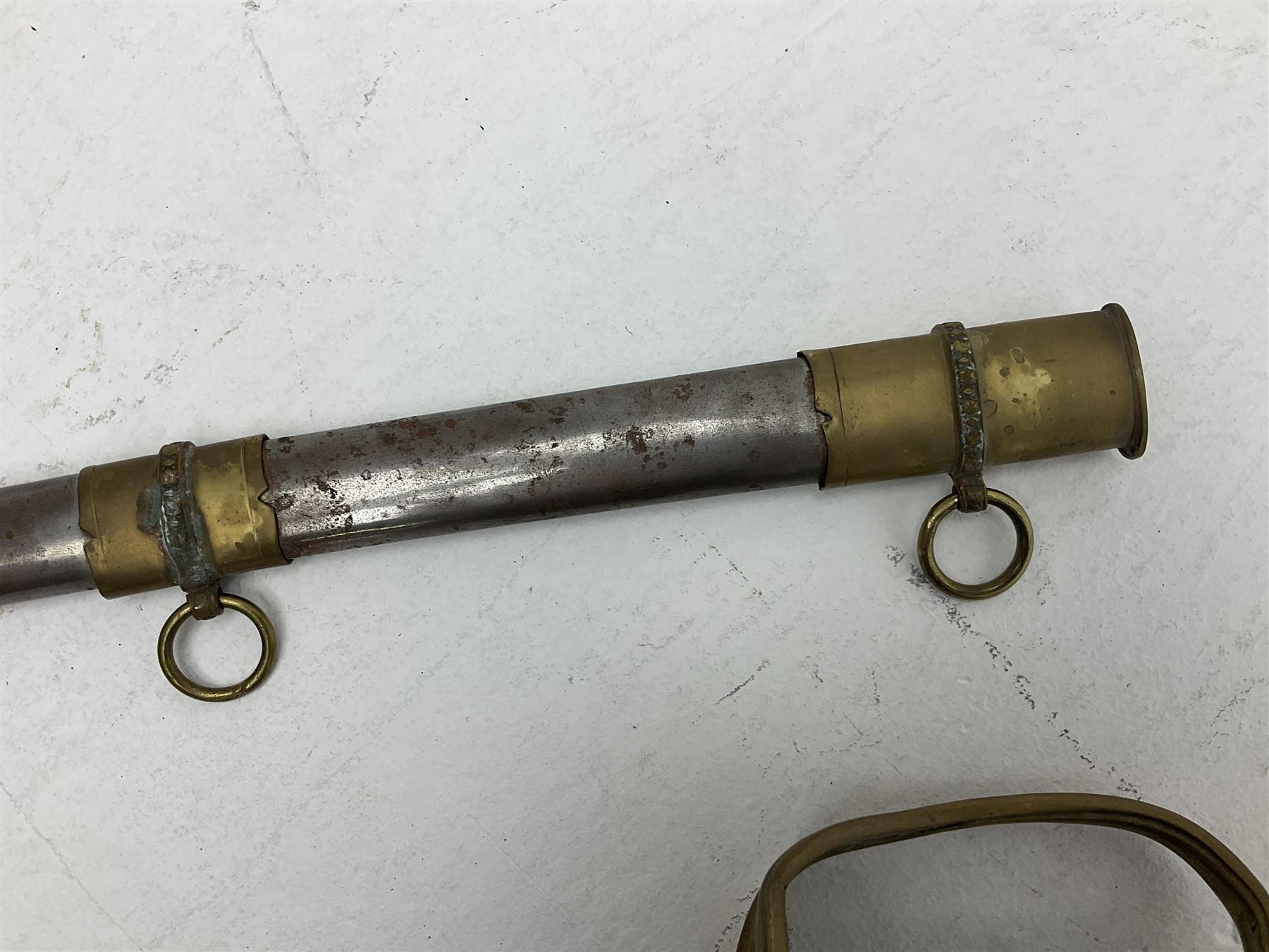 Reproduction American Civil War Cavalry trooper's sword, the 88cm slightly curving fullered steel blade marked to the ricasso 'Ames & Co Chicopee Mass.' and 'US ADK 1862'; brass hilt and leather covered grip; in steel scabbard L110cm overall;  and another reproduction sword (2)