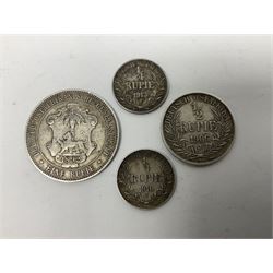 German East Africa 1892 one rupie, 1906 half rupie, and two quarter rupie coins dated 1910, 1913