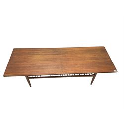 Kofod Larsen for G-Plan - mid-20th century  teak coffee table, rectangular top over spindle slatted undertier, raised on tapering supports 