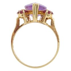 9ct gold pear shaped amethyst and eight stone flamingo topaz ring and a 14ct gold amethyst pendant with openwork mount, both hallmarked 