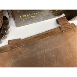 Miscellaneous shooting accessories - W.J. Bowman & Sons clay pigeon launcher; two leather cartridge belts; three cartridge bags; two canvas/leather game bags; and two metal/wooden cartridge boxes