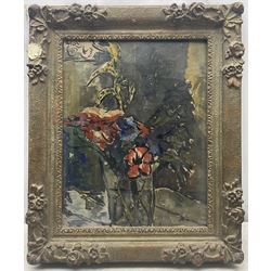 Keith Stuart Baynes (British 1887-1977): 'Red and Blue' Still Life of Flowers in a Vase, oil on board unsigned, labelled verso 45cm x 35cm