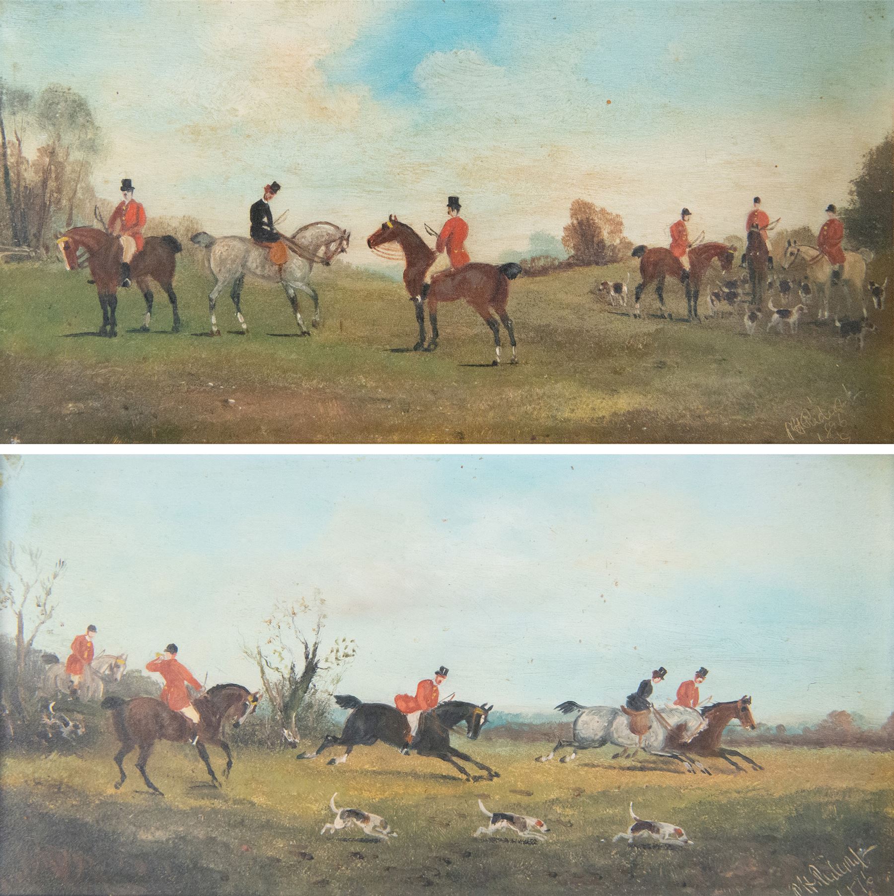 Philip Henry Rideout (British 1860-1920): The Hunt, pair oils on board signed and dated 1896, 15cm x 30cm 