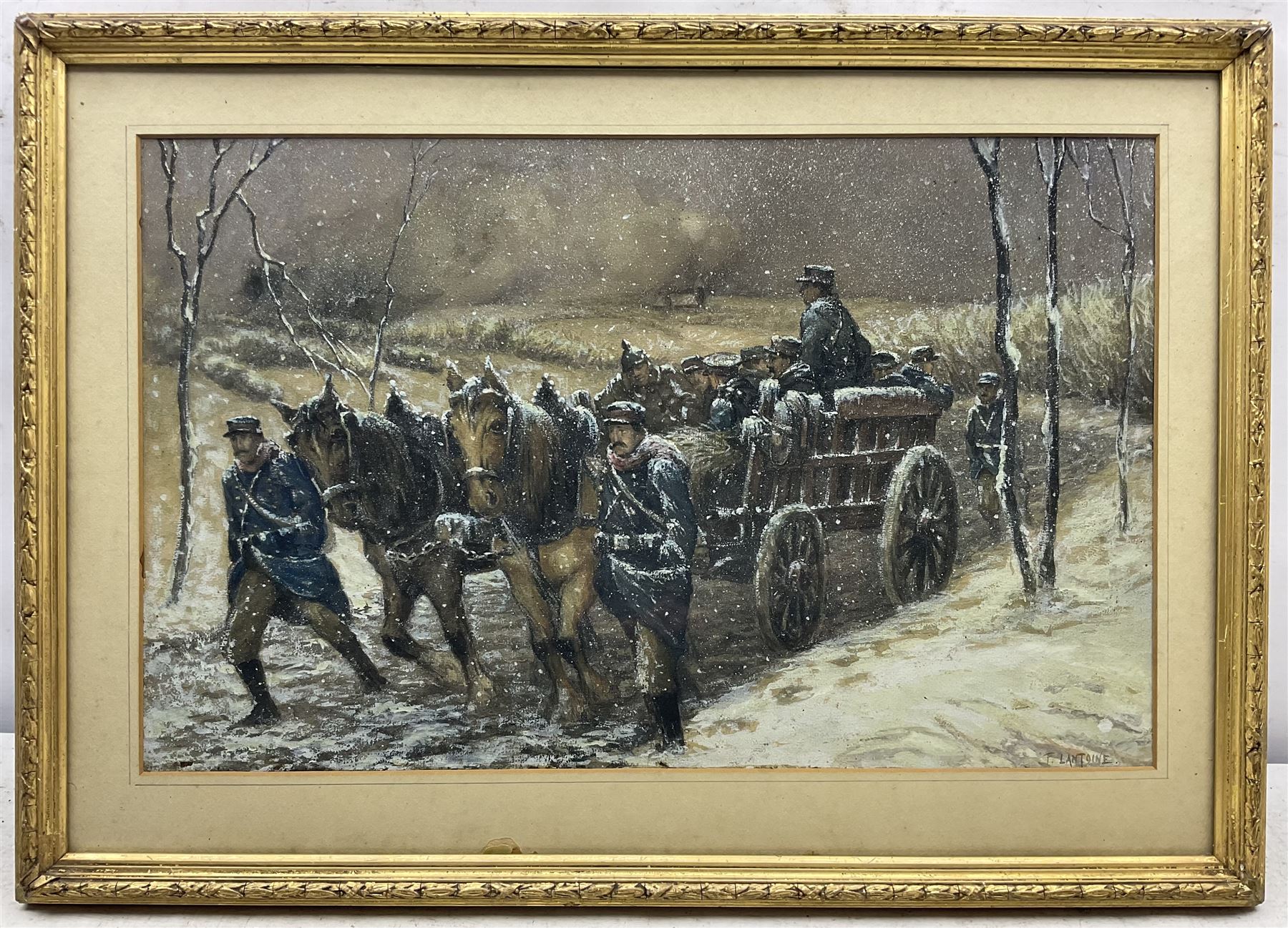 Fernand Désiré Louis Lantoine (French 1876-1955): Soldiers Travelling by Horse and Cart in the Snow, watercolour heightened in white signed 32cm x 51cm