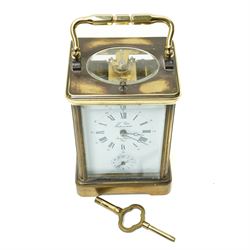 French carriage clock, the white dial inscribed 'L'Epee Fondee en 1839, Sainte Suranne, France,  with repeater movement and alarm in brass and bevelled glass case H13cm