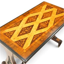 Victorian walnut marquetry and parquetry centre table, the rectangular top with floral marquetry and geometric lattice parquetry with ebonised moulded edge, raised on lyre-shaped end supports with pierced floral scrollwork, united by a spiral-turned stretcher, on brass castors