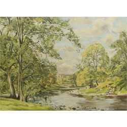 Thomas Leslie Kerkham (British 1918-1986): Bolton Abbey with Fly Fisherman on the Wharfe, oil on board signed 44cm x 59cm