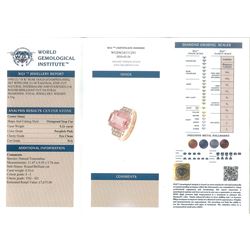 18ct rose gold pink tourmaline and diamond ring, emerald cut tourmaline of 5.21 carat, with milgrain set round brilliant cut diamond stepped design shoulders, stamped 750, with World Gemological Institute report