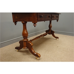 Mid 19th century mahogany library table, rectangular top with inset leather, two drawers, turned pillars joined by a single stretcher, splayed supports on castors, W124cm, H78cm, D58cm  
