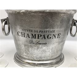 Aluminium champagne bucket detailed Cuvee de Prestige Champagne du Louvois, with twin ring handles, together with quantity of glasses, bucket L38cm