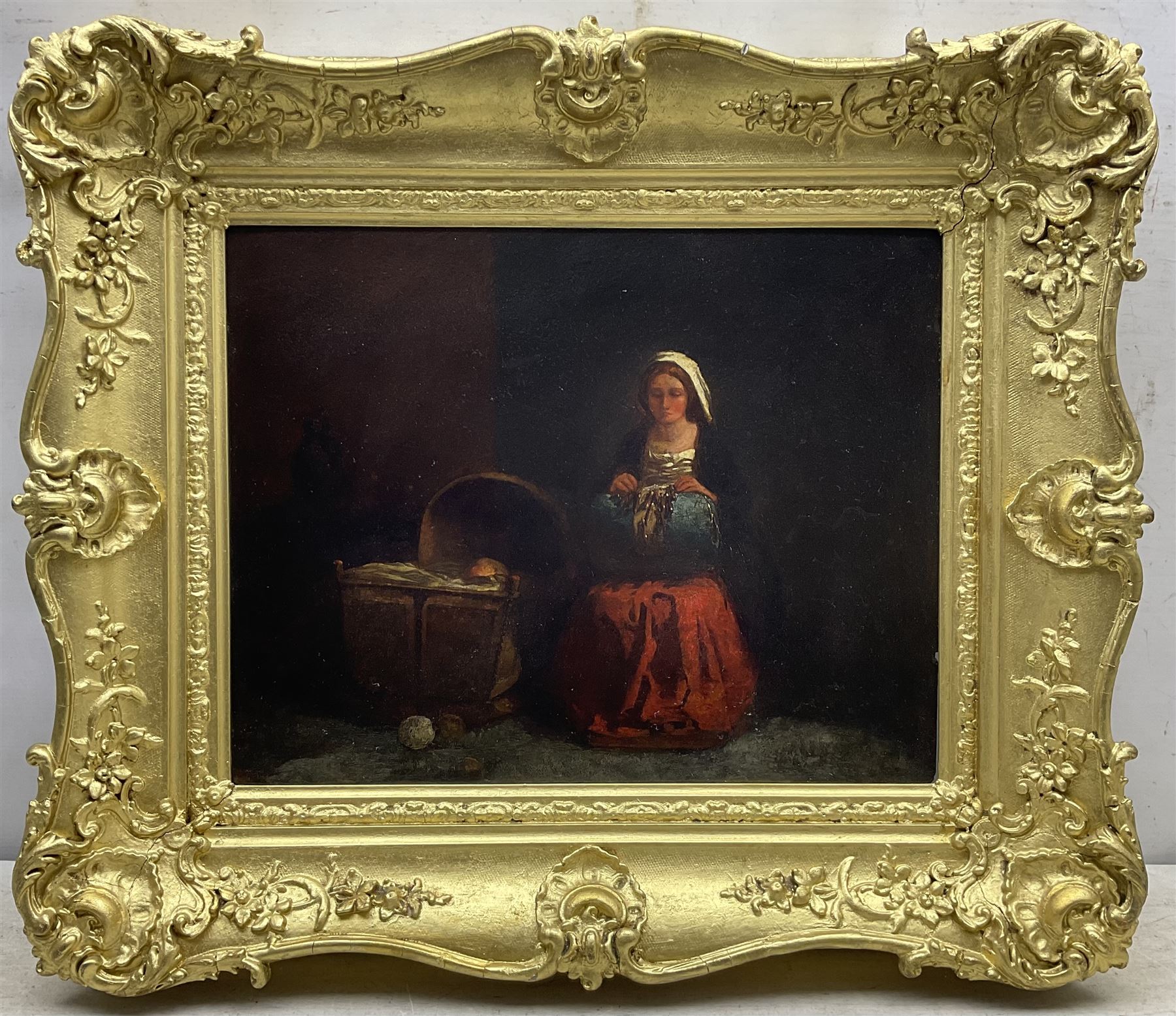 Spanish School (19th century): Mother Lacemaking beside her Baby's Crib, oil on board unsigned 34cm x 43cm