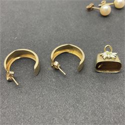 14ct gold enamel bell charm and 9ct gold jewellery including pair of hoop earrings, citrine ring, opal stud earrings, pearl stud earrings and sapphire stud earrings, all stamped or hallmarked, together with a gold-plated bangle, silver brooches including RAF sweetheart and cameo examples, wristwatches and costume jewellery