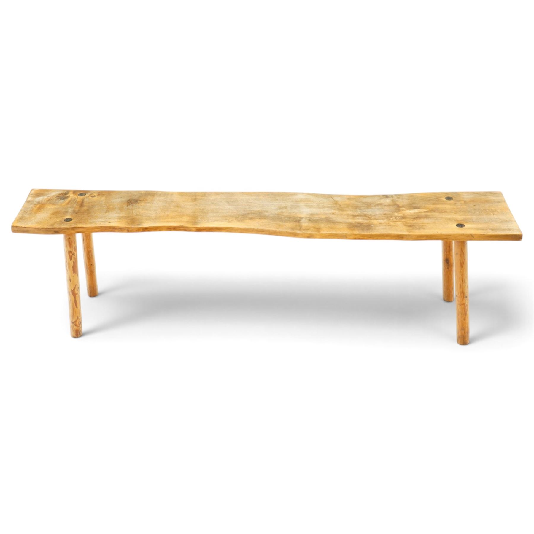 Mid-20th century live-edge bench or coffee table, raised on cylindrical supports