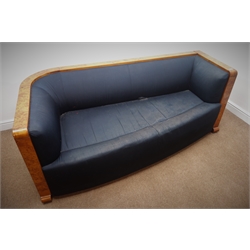  Thörmer Polstermöbel - Art Deco style sofa, upholstered in blue fabric with loose cushions, exposed figured burr elm curved framed, W199cm, H74cm  