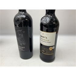 Dow's Trademark Finest Reserve Port, 75cl 20% vol, mixed red wines, two bottles Cuvee Du Vatican Cotes-du-Rhone Reserve de l'abbe 2016, 750ml 14%, Corsiero Nero Nero di Troia 750ml 13% vol and six others of various contents and proofs (9)