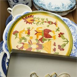 Early 19th century Rogers blue and white platter, other blue and white plates, ceramic door furniture, Palissy Game series bowls, folk art plates etc in two boxes