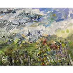 Paula Seller (Northern British Contemporary): 'Changeable Summer's Day', acrylic on canvas signed with monogram and dated 2021, titled verso 41cm x 51cm (unframed)