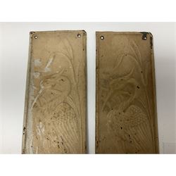 Set of five brass pierced door plates, together with four door plates cast in low relief with herons among reeds, pierced plates H52cm