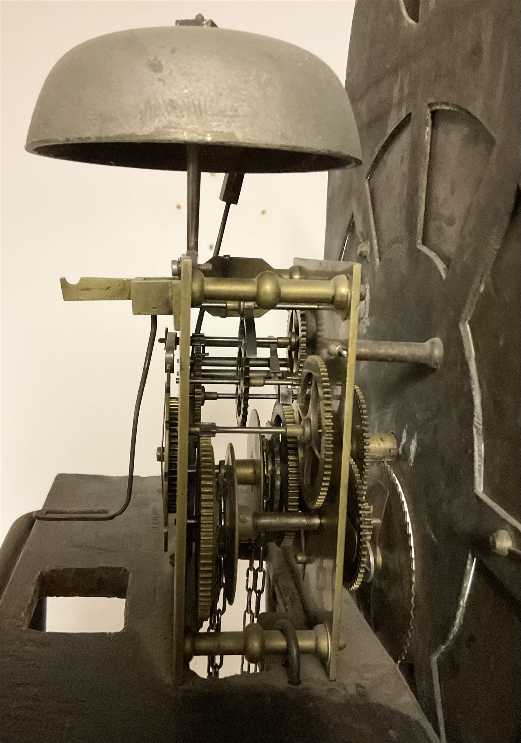 Timothy Richardson of Darlington-late 18th century 30hr longcase clock movement and dial c 1780, break arch brass dial with engraved spandrels, engraved dial centre and date aperture, silvered boss to the arch with makers name and place of work, with a silvered chapter, Roman numerals, five minute Arabic's, minute track and original steel hands, dial pinned directly to a chain driven movement with a recoil anchor escapement and outside countwheel strike, sounding the hours on a cast bell. With weight and pendulum. Dial 12