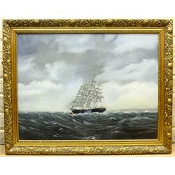 K Kirby (20th century): 'Mighty Sea', oil on board signed, titled verso 49cm x 65cm; C Alexis (20th century): Sailing Barge Becalmed, oil on canvas signed 50cm x 60cm (2)