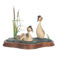 Four Border Fine Arts bird figures, comprising Patience, Courting Grebes, Barn Owl RB15and Golden Eagle RB40, all on wooden plinths, tallest H24cm