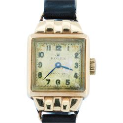 Rolex Precision ladies 9ct gold manual wind wristwatch, case No. 297900, silvered dial with Arabic hour markers, Chester 1955, on black leather strap