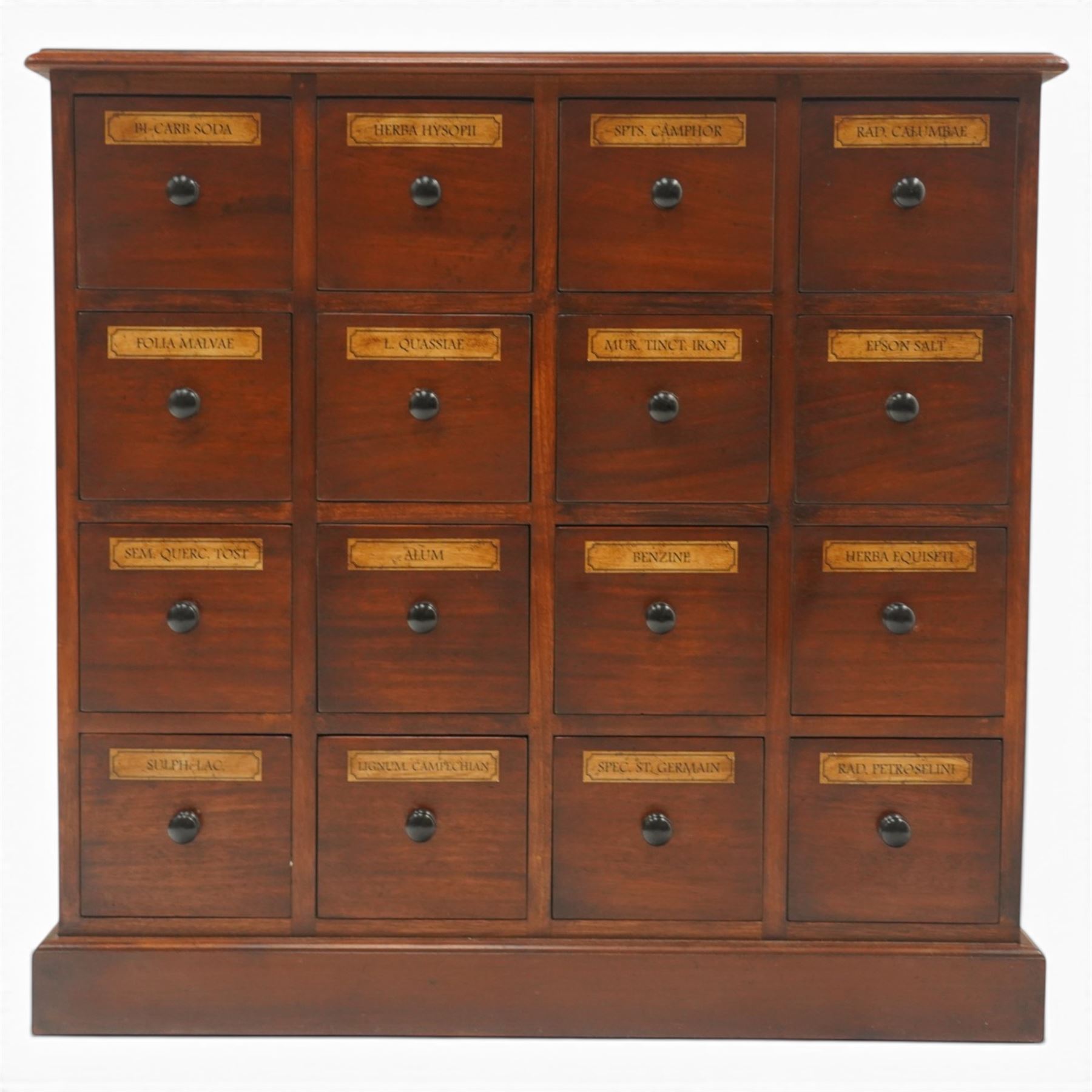 Victorian style mahogany stained chemist’s cabinet, rectangular moulded top over sixteen small drawers, each fitted with turned knob handle and applied gilt paper pharmaceutical labels, on moulded plinth base