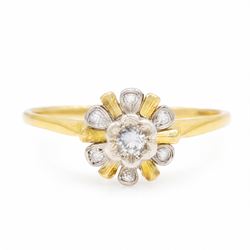 18ct gold diamond flower head cluster ring, round brilliant cut diamond surrounded by six ...