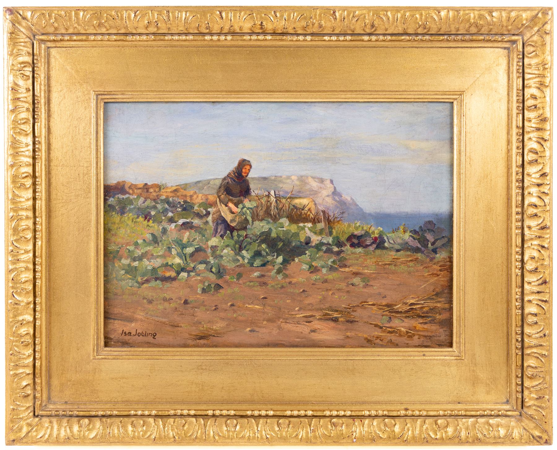 Isabella 'Isa' Jobling (neé Thompson) (Staithes Group 1851-1926): Harvesting atop Penny Nab - Staithes, oil on canvas signed 25cm x 35cm 
Provenance: exh. Walker Galleries, Harrogate, label verso