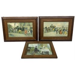 Pair of oak framed Albert Ludovici Stage Coach Prints, Charles Dickens Series, together with oak framed print between the fires