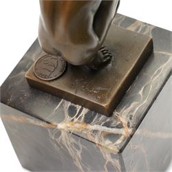 After Miguel Fernando Lopez (Portugese Contemporary):  Power of Silence, bronze modelled as a athlete crouched with arms outstretched, signed Milo, upon two tone marble plinth, overall H15cm