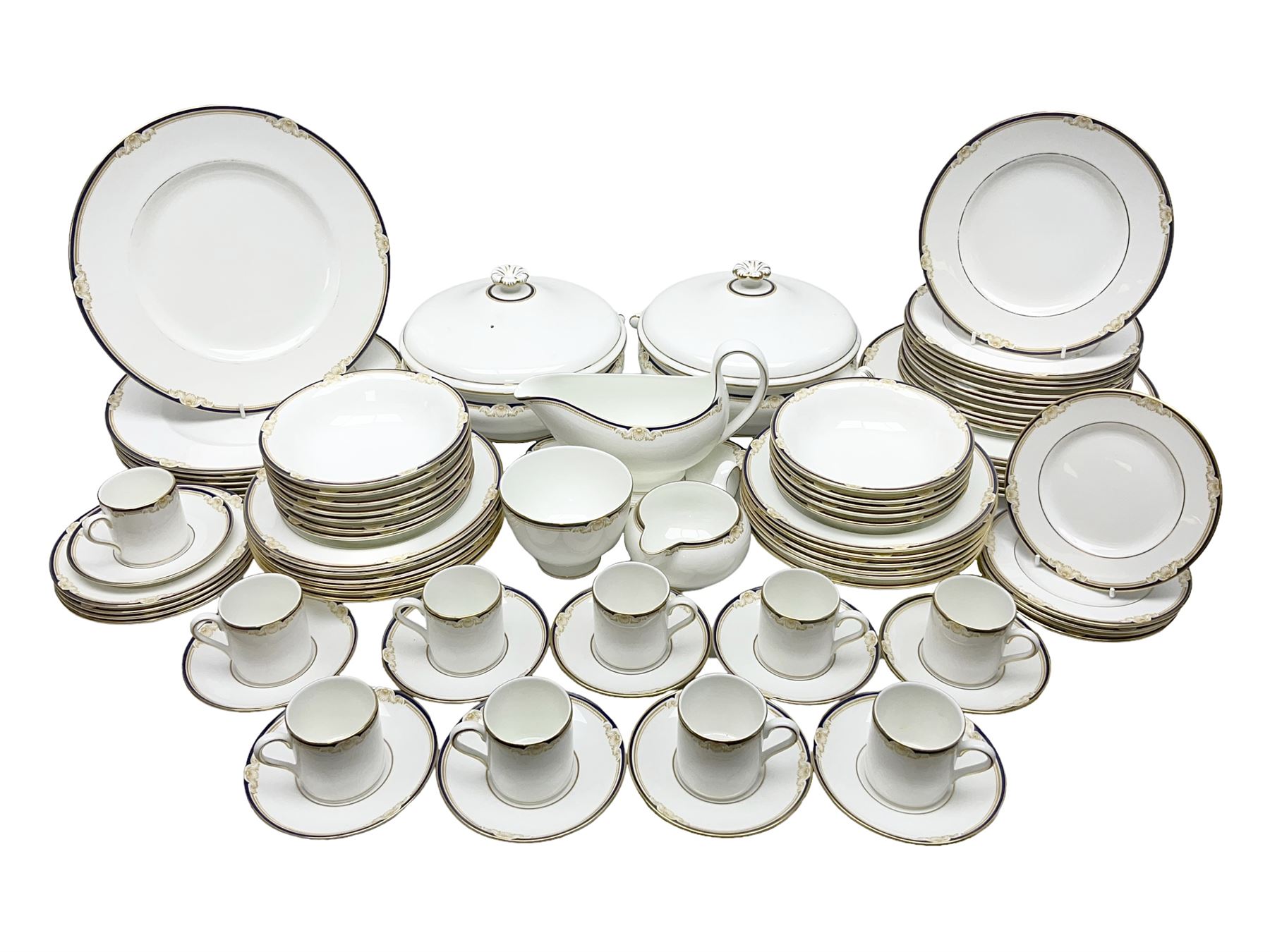 Wedgwood Cavendish pattern dinner service for twelve, comprising dinner plates, side plates, bowls, soup bowls, two tureens, saucer boat and sauce, together with matching part coffee service (82) 
