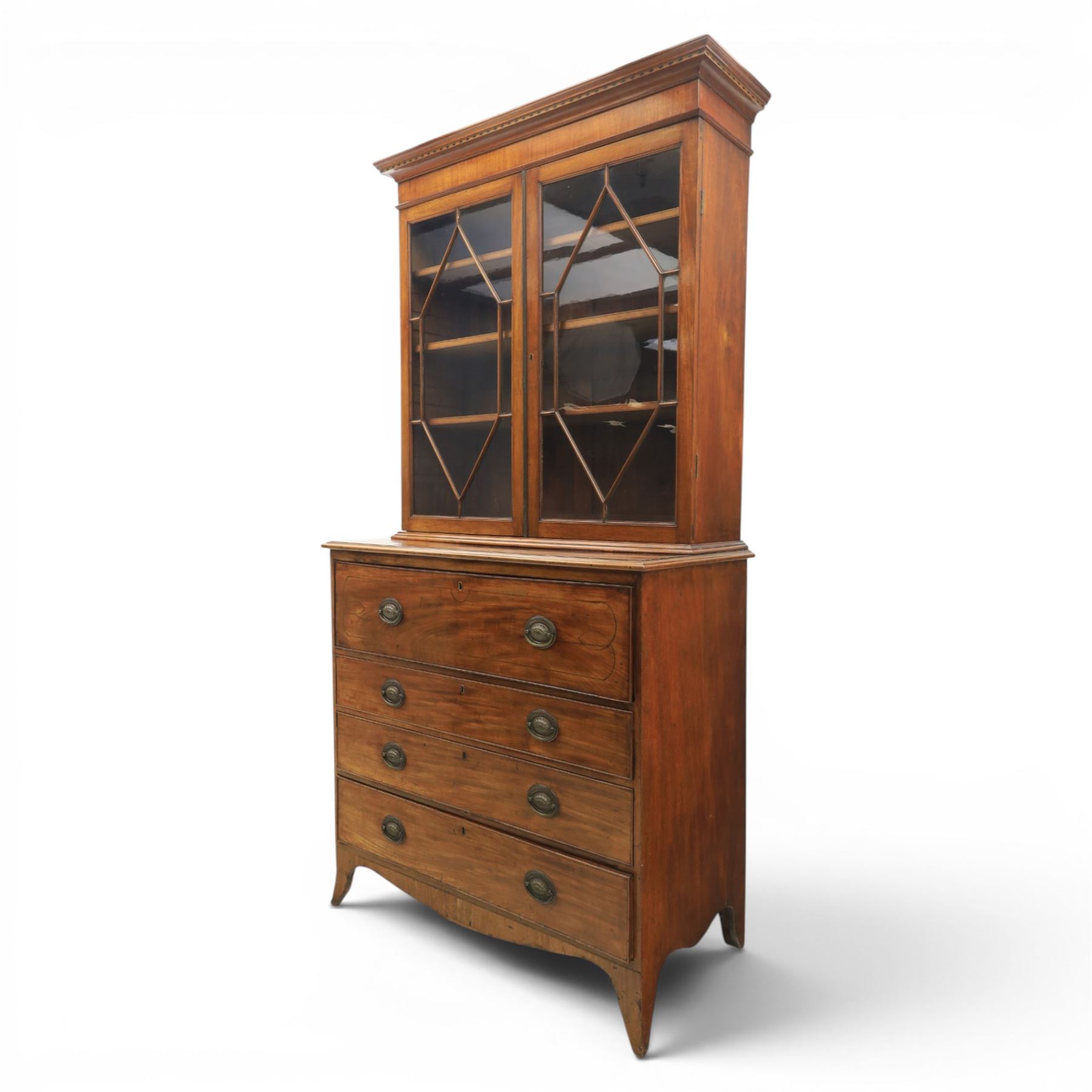 George III mahogany secretaire bookcase, the upper section with projecting cornice above astragal glazed doors, with three adjustable shelves, the lower section with secretaire drawer, fitted and with tooled leather writing surface, inlaid drawer fronts with brass handles, three graduating drawers below, raised on bracket feet