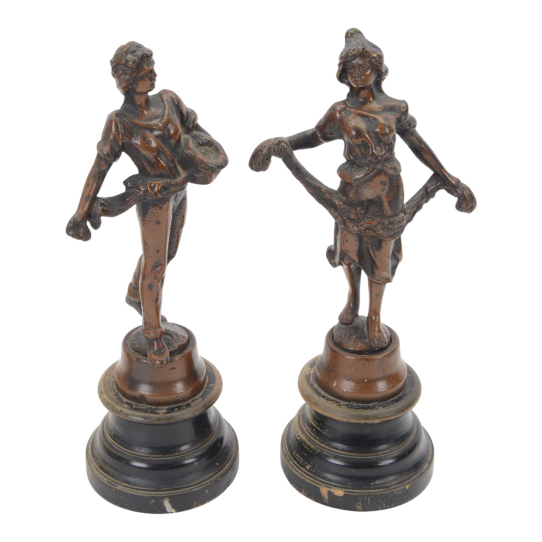 Pair of spelter figures, La Semeur and and La Moissoneur, H30cm