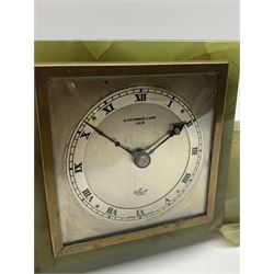 Mid to late 20th century green onyx mantel clock timepiece by 'Elliot', the square silver dial with Roman chapter ring, signed 'W. Greenwood & Sons Leeds'