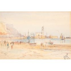 English School (19th Century): Ships at Sea, watercolour signed, in carved Florentine gilt frame, frame overall 34cm x 41cm; GWC (19th Century): Scarborough Beach, watercolour signed with monogram and dated '06, 9cm x 13cm (2)
