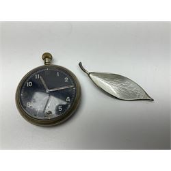 Norweigian silver enamel leaf brooch by David Andersen, together with a military issue pocket watch and a collection of costume jewellery including pair of clip on earrings by Butler & Wilson, beaded jewellery, brooches, etc