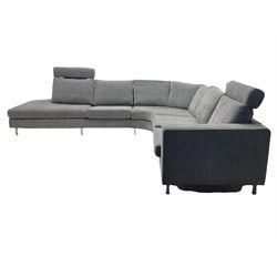 BoConcept 'Indivi 2' corner lounge sofa in grey Matera fabric, three sections with two moveable headrests and brushed steel supports designed by Anders Nørgaard 