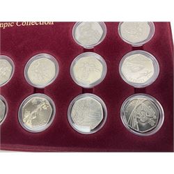 Queen Elizabeth II United Kingdom London 2012 Olympic commemorative fifty pence collection comprising twenty-nine coins, housed in unofficial display case