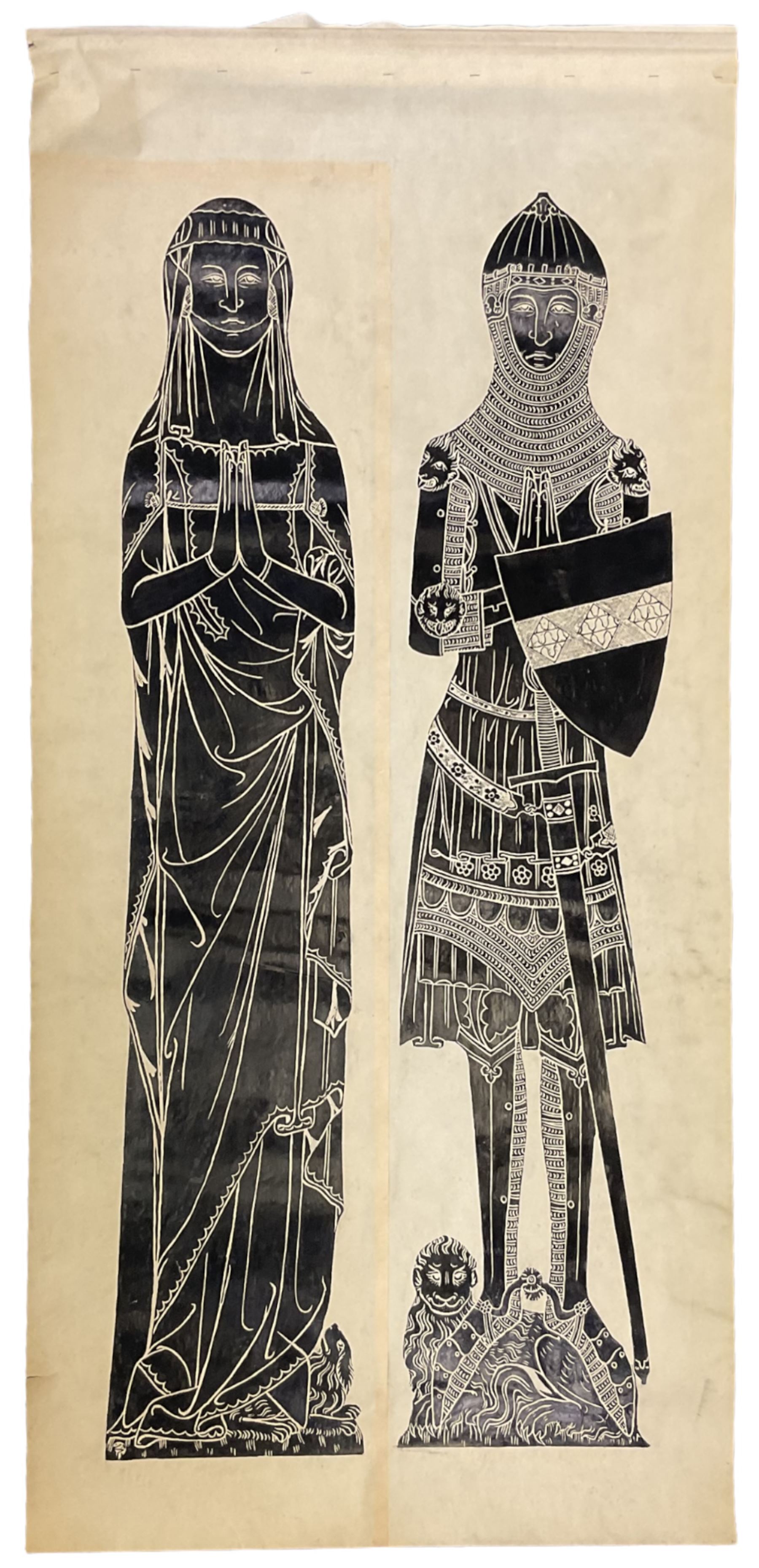 Collection large Brass Rubbings to include: 'Sir Robert de Bures (c.1331)', Knight 'Robert Ingylton' with Three Wives, 'Sir John d'Aubernoun II', 'Sir William Fitzralph (c.1323)', 'Sir John de Creke and Wife Alyne (c.1325)', 'Sir Thomas Swynborne and Father Sir Robert' and others max 280cm x 102cm (13) (unframed)