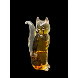 Murano glass cat and figure ina hat, together with tow valletta glass paperweights and bird glass paperweight, cat H20cm 
