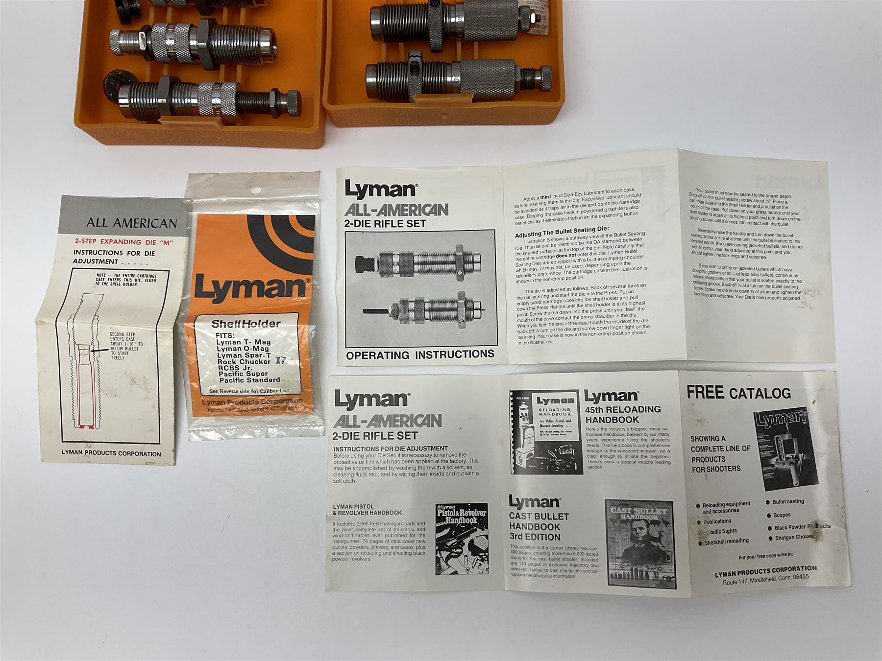 Two sets of reloading dies by Lyman comprising .303 British and  .44 Magnum; both in original boxes with paperwork