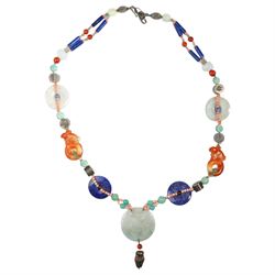 Chinese stone set necklace, with carved buddha disc, carved agate rabbits, lapis lazuli bi...