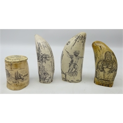  Three reproduction Scrimshaw models and matching tobacco jar, H15cm (4)  