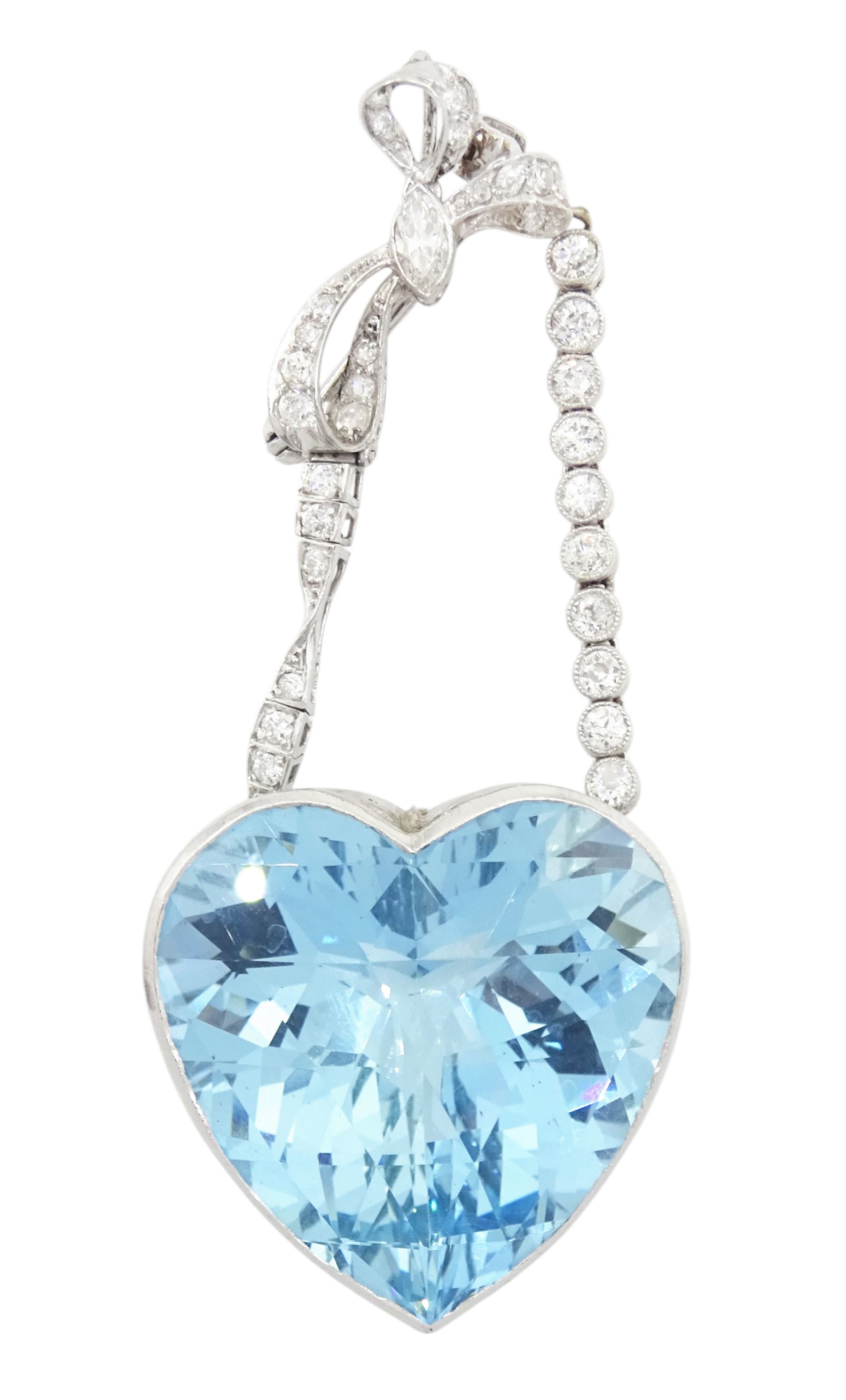 Platinum aquamarine and diamond pendant / brooch, the large faceted heart cut aquamarine, mounted within an openwork heart design gallery, suspending from a polished and milgrain set old cut diamond pendant, with bow design brooch top, set with further old cut diamonds and a single marquise cut diamond, in fitted velvet and silk lined box by Bloom & Sons, London, aquamarine approx 55.00 carat, total diamond weight approx 0.60 carat
