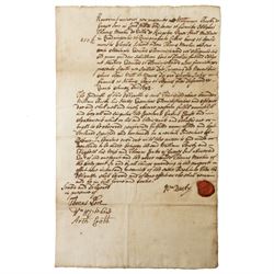 William and Mary period Obligation Bond between William Busby and Thomas Martin, with seal...