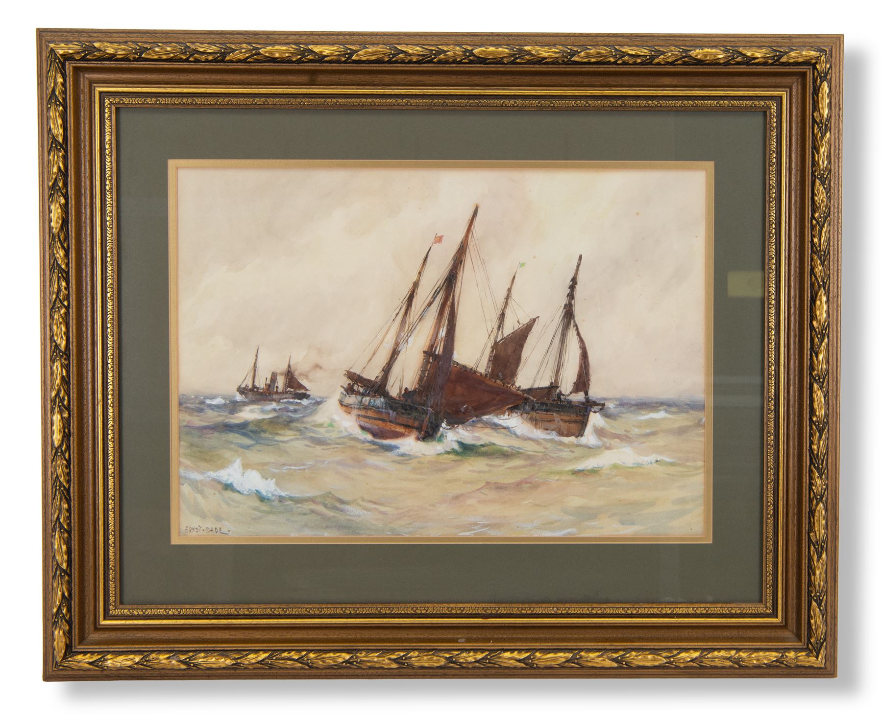 Ernest Dade (Staithes Group 1868-1935): 'Yawls at Sea', watercolour signed, titled on exhibition label verso 38cm x 54cm 
Provenance: exh. 'Maritime England Exhibition', Crescent Art Gallery, Scarborough, June 1982, no. 48, label verso