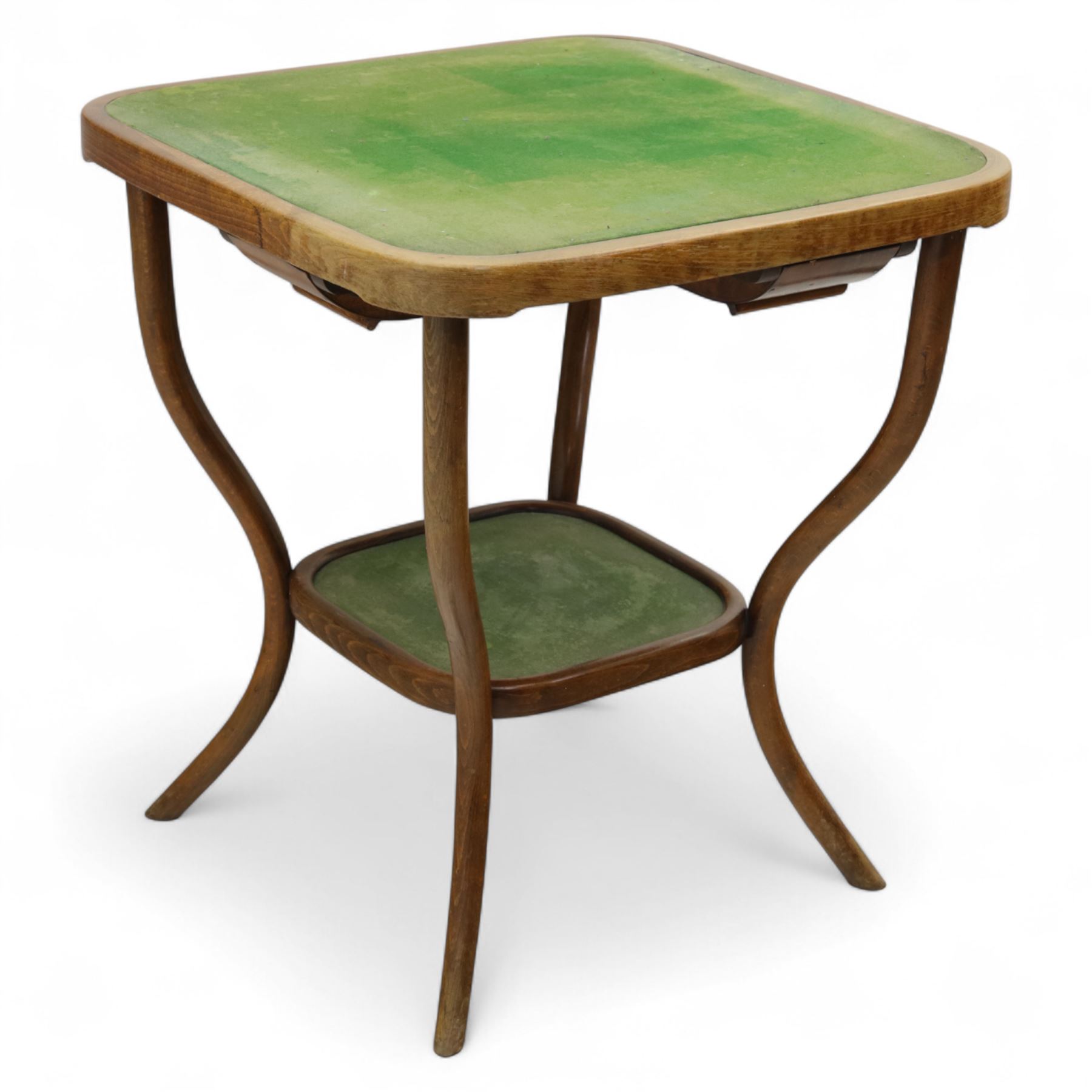 Early 20th century Thonet bentwood card table, square top with rounded corners inset with green baize, four slide-out card trays beneath, on shaped bentwood supports joined by a central stretcher
