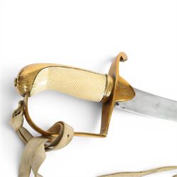 British 1976 pattern cavalry officers' saber variation of  private purchase, the 76cm single edged blade extremely curved, brass stirrup hilt with chequered ivory grip the languets bearing military trophies, with original buck skin sword knot, the leather scabbard has three brass mounts with twin suspension rings, the top mount bears makers cartouche of 'Tatham to his Majesty, Charing Cross London', 1800-1860, overall L90cm  This item has been registered for sale under Section 10 of the APHA Ivory Act 